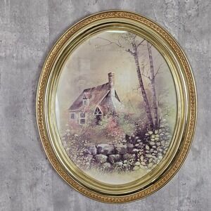 Vintage 80s Kitschy Cottagecore Oval Wall Art Gold Frame‎ Country House Decor